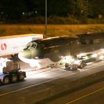 The B-52 Midnight Express is towed along I-405 while en route from Paine Field in Everett to the Museum of Flight at Boeing Field in Seattle early Sunday morning. (Kevin Clark / The Herald)