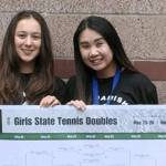 The Sammamish Totems girls tennis doubles team consisting of sophomores Nina Vongsaly and Katrina Kuntz captured the Class 2A state title on May 26 at the Nordstrom Tennis Center. The duo of Vongsaly/Kuntz defeated Sequims doubles squad of Kalli Wiker/Jessica Dietzman 2-0 (6-3, 6-3) in the championship match.                                Photo courtesy of Wesley Newton