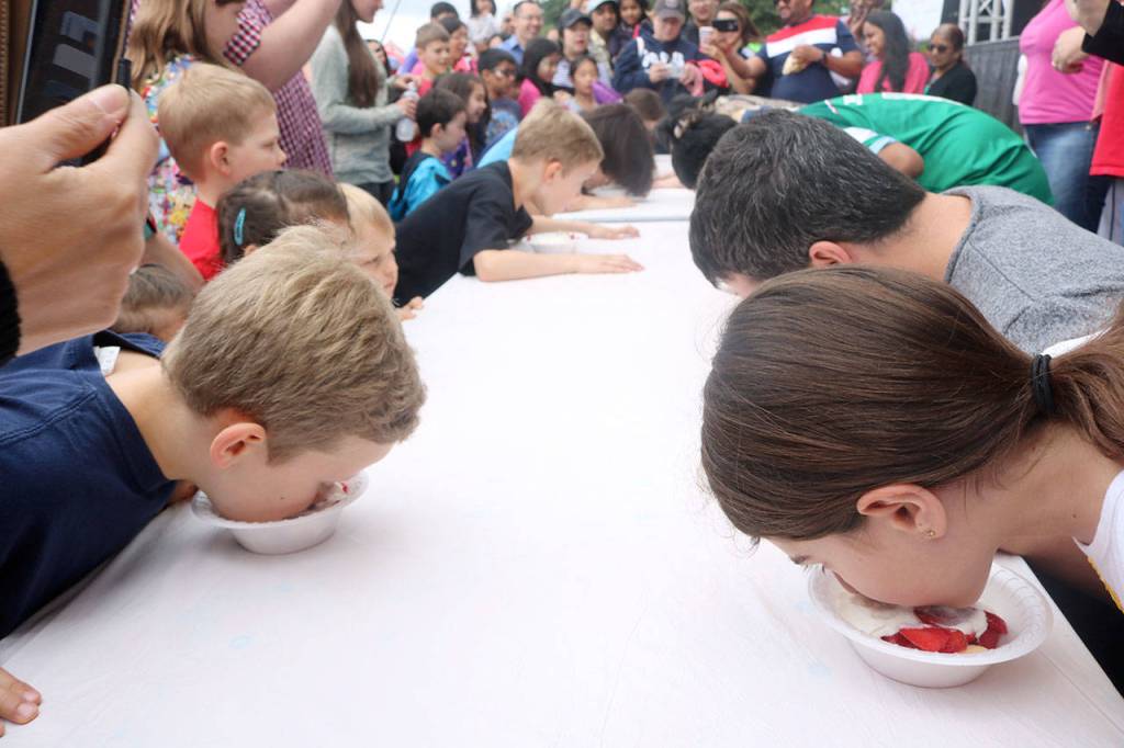 People of all ages participated in the strawberry shortcake eating contest. Evan Pappas/Staff Photo                                People of all ages participated in the strawberry shortcake eating contest. Evan Pappas/Staff Photo