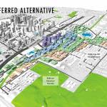 The proposed vision for the Wilburton Commercial Area crafted by the Citizen Advisory Committee. It has higher density development in the eastern core where various regional transportation systems will converge. The buildings will gradually steps down in height in the east to flow into the nearby neighborhoods. Image courtesy of the city of Bellevue
