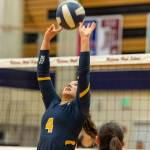 Bellevue Wolverines junior setter Meghan Weber sets up an opportunity for one of her teammates to score a point against the Mercer Island Islanders in a rivalry matchup on Oct. 2. Bellevue earned a comeback 3-2 victory against Mercer Island. Photo courtesy of Patrick Krohn/Patrick Krohn Photography