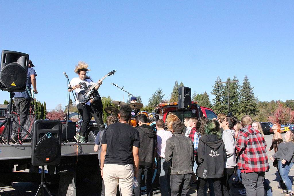 Gypsy Temple performs at Mt. Si High School on Oct. 17. From left: Hamoon Milaninia, Wilson Rahn, Cameron Lavi-Jones and Kai Evan Hill. Madison Miller/staff photo.