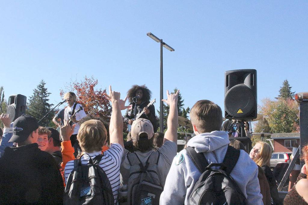 Gypsy Temple performs at Mt. Si High School on Oct. 17. From left: Hamoon Milaninia, Wilson Rahn, Cameron Lavi-Jones and Kai Evan Hill. Madison Miller/staff photo.