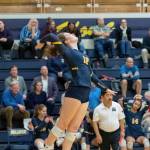 Bellevue Wolverines senior Jenna Keenan serves in a matchup against the Lake Washington Kangaroos on Oct. 18. Bellevue defeated Lake Washington 3-0 (26-24, 25-19, 25-22) on senior night. Photo courtesy of Patrick Krohn/Patrick Krohn Photography