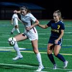 The Mercer Island Islanders girls soccer team earned a 1-0 win against the Bellevue Wolverines in the regular season finale for both teams on Oct. 25. Bellevue finished the 2018 regular season with an overall record of 6-7-2. Bellevue senior Izzy Buck, right, tries to take the ball away from a Mercer Island player Abby Berman. Photo courtesy of Stephanie Ault Justus