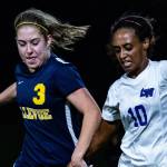 Bellevue Wolverines junior midfielder Courtney Serres, left, and Lake Washington player Haimanot Hanson, right, battle for possession of the ball in a loser-out 3A KingCo playoff game. Lake Washington defeated Bellevue 2-0 on Nov. 1 at Bellevue High School. The Wolverines finished the 2018 season with an overall record of 6-9-2. Photo courtesy of Stephanie Ault Justus