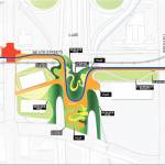 A top down view of the Lid Park concept that shows the pathway, plaza, and open space. Courtesy Image