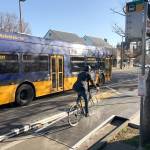 The new bus platform is installed on 108th Avenue NE, south of NE Second Street. It is made of 300 interlocking plastic panels and was installed over three nights in November. Courtesy Photo