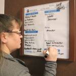 The patient-facing whiteboard allows accessible and transparent communication between the patient and her childbirth team. Stephanie Quiroz/staff photo.