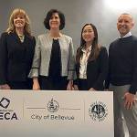 From left: Washington DECA executive leader Lori Hairston, Bellevue deputy mayor Lynne Robinson, Interlake High School student Olivia Sun, and Bellevue School District superintendent Ivan Duran.