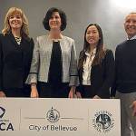 From left: Washington DECA executive leader Lori Hairston, Bellevue deputy mayor Lynne Robinson, Interlake High School student Olivia Sun, and Bellevue School District superintendent Ivan Duran.