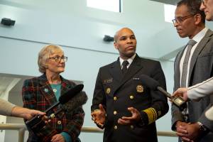 U.S. Surgeon General Jerome Adams speaking following his tour at Odessa Brown Childrens Clinic in Seattle on Feb. 7. Ashley Hiruko/staff photo.