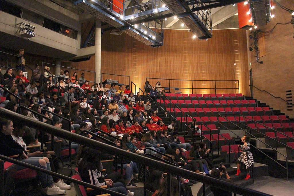 Krischanna Roberson addresses BSD high school girls at SHOUT. Madison Miller / staff photo