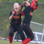 Newports Brooklyn Richards makes a catch with Lucy McSherry close by in the Knights 21-13 loss to Redmond on May 15. Andy Nystrom / staff photo