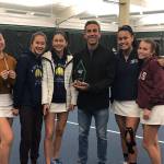 Interlake Saints girls tennis athletes Charlize Yeh, Addie Eklund, Sylvia Eklund, Angel Le, Abby Nash and Olivia Sun led their team to the 2019 3A Sea-King district tennis title on May 15 in Seattle. Photo courtesy of Matthew Perlman