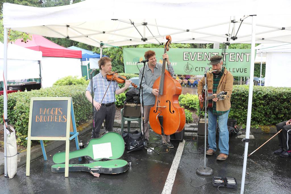 The Haggis Brother played live music at Bellevue Farmers Market opening day on May 16. Stephanie Quiroz/staff photo