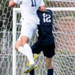 The Wolverines added an insurance goal courtesy of Carson Wachters header goal (pictured) off of a corner kick from Ryan Tobin in the 71st minute, extending the lead to 2-0. Photo courtesy of Stephanie Ault Justus
