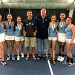 The Interlake Saints girls tennis team consisting of Charlize Yeh, Sylvia Eklund, Olivia Sun, Addie Eklund, Angel Le and Abby Nash won the 3A state tennis championship, tallying 35 team points on May 25 at the Tri-City Court Club in Kamiakin. Seattle Prep finished in second place with a total of 19 points. The Saints girls tennis squad was coached by Matthew Perlman and Michael Fritz. Photo courtesy of Matthew Perlman