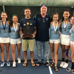 The Interlake Saints girls tennis team consisting of Charlize Yeh, Sylvia Eklund, Olivia Sun, Addie Eklund, Angel Le and Abby Nash won the 3A state tennis championship, tallying 35 team points on May 25 at the Tri-City Court Club in Kamiakin. Seattle Prep finished in second place with a total of 19 points. The Saints girls tennis squad was coached by Matthew Perlman and Michael Fritz. Photo courtesy of Matthew Perlman