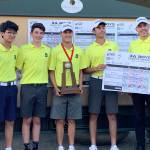The Bellevue Wolverines boys golf team earned first place at the 3A state golf tournament on May 22 in Lacey. Pictured from left to right: Christian Lee, Dylan Bear, Ian Siebers, Saum Sabetian and coach Erik Monahan. (Missing from photo: Thomas Huang.) Photo courtesy of Don Siebers