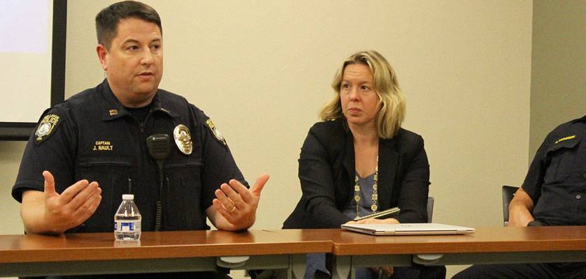 Blake Peterson/staff photo                                Bellevue North Sector Captain Joe Nault, Redmond Police Sergeant AnnMarie Fein and Issaquah Administrative Sergeant Ryan Raulerson were included on the panel.