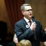 In this 2012 photo, Rep. Matt Shea speaks in Olympia. Newly leaked emails show that Shea has had close ties with a group that trained children and young men for religious combat. (AP Photo/Elaine Thompson,File)