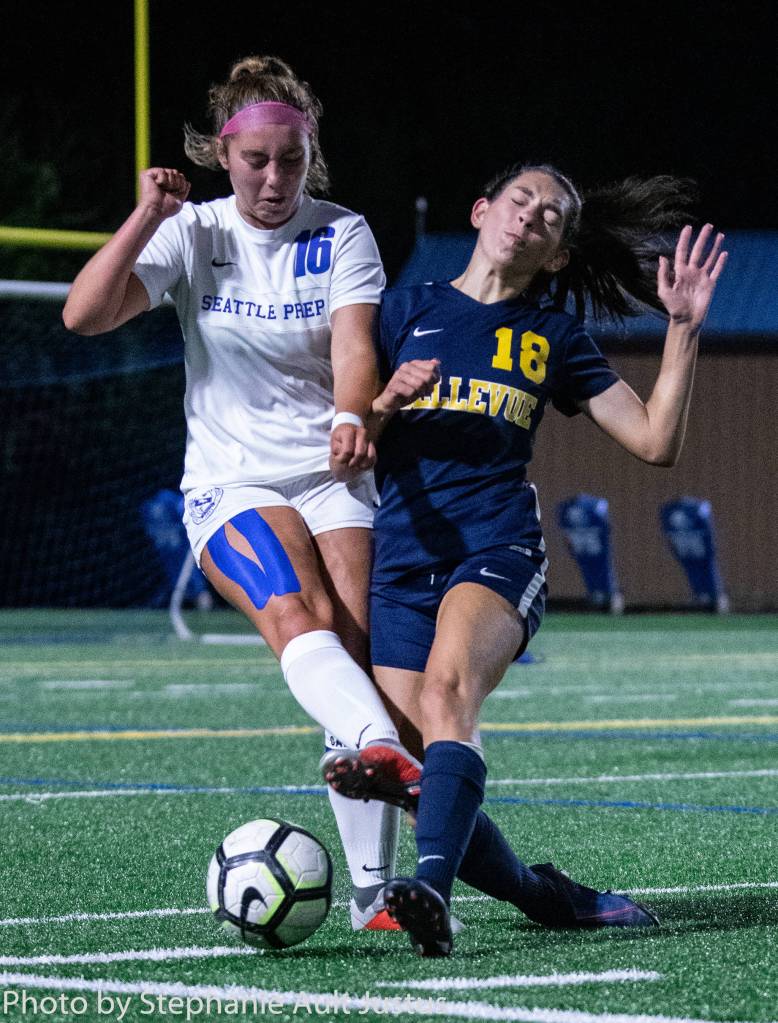 Midfielder Ally Scoma fights for the ball against Seattle Prep on Sept. 10. Photo courtesy of Stephanie Ault Justus
