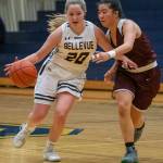 Bellevue junior Sophia Friend dribbles the ball during the Wolverines 44-34 victory over Mercer Island on Jan. 15. Photo courtesy of Stephanie Ault Justus