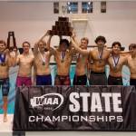 The Sammamish boys swim and dive team won its first 2A state title in program history on Feb. 22 at the King County Aquatic Center in Federal Way. From left: Danny Gutzwiler, Jarod Schahrer, Josh Post, Colin Berger, Teno Kao, Luke Hanson, Zuriahn Yun, Zongxin Yang, Patrick Chojnacki and Edmund Davis. Courtesy photo