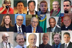 Among the candidates for Washington state governor in 2020: (Top row, L-R): Omari Tahir Garrett, Winston Wilkes, Thor Amundson, Cameron Vessey, Martin Iceman Wheeler, Ryan Ryals; (middle row L-R): Liz Hallock, Goodspaceguy, Gov. Jay Inslee, Don Rivers, Gene Hart; (bottom row L-R): Phil Fortunato, Tim Eyman, Alex Tsimerman, Cairo DAlmeida, Cregan Newhouse, Raul Garcia.