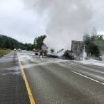 A semi truck collided with a dump truck on June 16 near milepost 27 on westbound I-90. It closed westbound lanes at milepost 31. Photo contributed by Trooper Rick Johnson