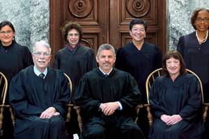 Washington State Supreme Court Justices (back row, L-R) Raquel Montoya-Lewis, Sheryl Gordon McCloud, Mary I. Yu, G. Helen Whitener, (front row, L-R) Susan Owens, Charles W. Johnson, Steven C. Gonzalez, Barbara A. Madsen and Debra L. Stephens.