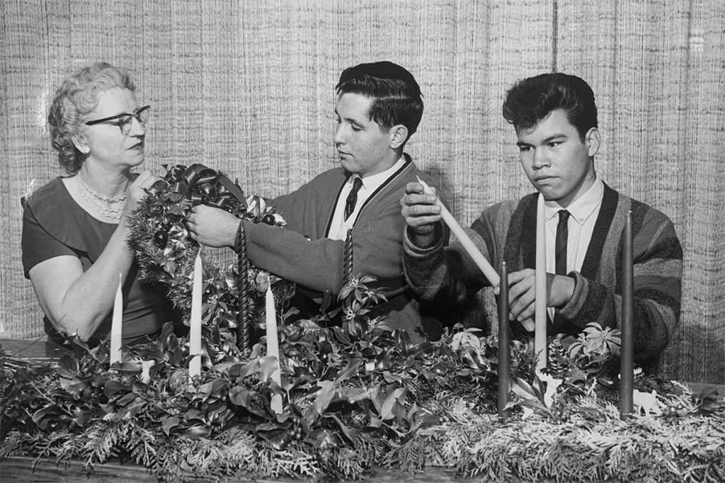 Friends of Youth founder Mrs. Iva Matsen with young people, circa 1953.