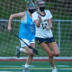 Bellevues girls lacrosse team defeated crosstown rival Newport Sammamish Interlake (NSI), 14-8, on June 2. Bellevue freshman Lauren Park led the scoring with six goals with senior Mindy Weingaertner adding three goals and four assists. Pictured are Weingaertner, front, and NSIs Caren Ensing. Photo courtesy of Stephanie Ault Justus