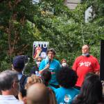 Amy Freedheim gives a speech to county employees and supporters during a march for womens safety at work in Seattle on Friday, Aug. 6, 2021. The march was scheduled after a woman was attacked in a bathroom at the King County Courthouse. Photo by Henry Stewart-Wood/Sound Publishing