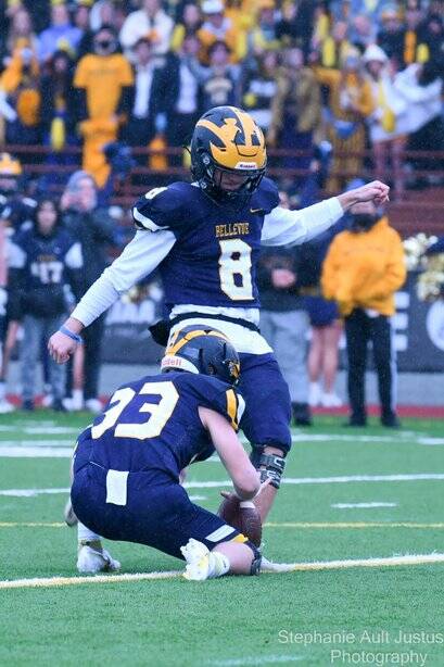 Bellevues Wiley Bryant kicks one of his extra points while Grant Wilwerding holds the ball. Photo courtesy of Stephanie Ault Justus