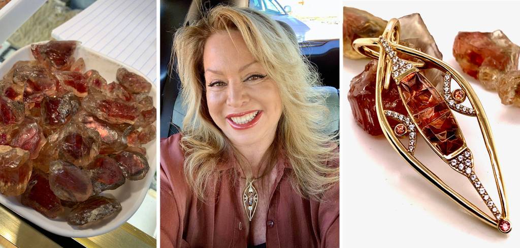 Some of the first gem roughs Robin Callahan collected from an Oregon Sunstone mine, and a pendant she made with one of the gems.