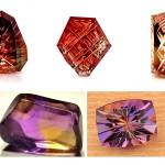 Robin Callahan Designs carries an extraordinary variety of gems cut by talented lapidary artists.
Top left: Fantasy cutting tri color Oregon Sunstone by Aaron Sangeneto. Top middle: Fantasy cutting bright orange and red Oregon Sunstone by David Tyrpak. Top right: Fantasy cutting by Smithsonian Award Winning lapidary Artist Ryan Joseph Anderson. Bottom: A gem rough brought to life by Troy Richardson.