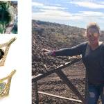 Robin Callahan at an Oregon Sunstone mine. The rough oregon sunstone that miner Chris Rose carried in his pocket, and the front and back of the pendant Callahan created after lapidary artist Dalan Hargrave cut the gem. The pendant is now part of the Somewhere in the Rainbow collection.