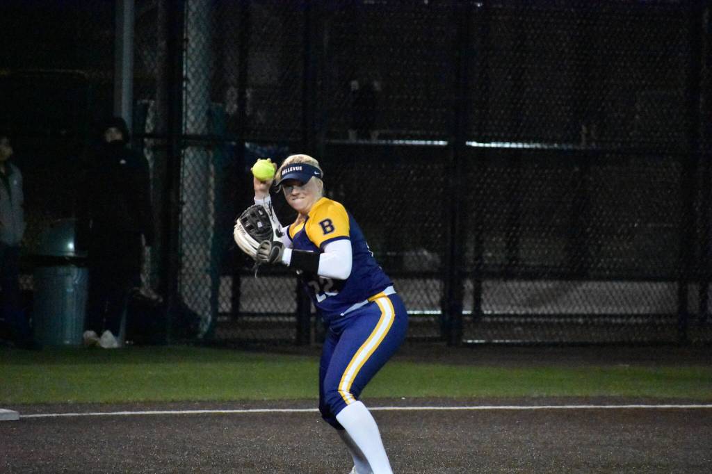 Bellevue third baseman Alexis DeBoer makes a throw to first base. Ben Ray / The Reporter