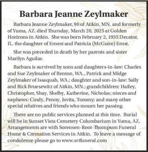 Barbara Jeanne Zeylmaker | Obituary