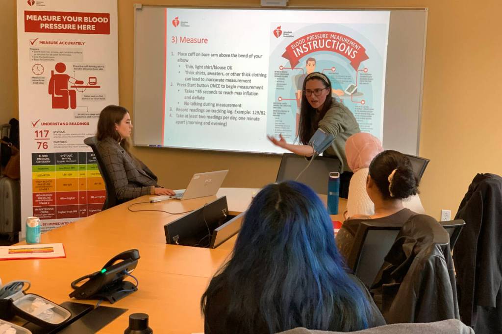 The Student-Championed Self-Measured Blood Pressure program at Bellevue College is a student-led effort that deploys blood pressure measurement cuffs and educational resources into the campus community. Photo courtesy of the American Heart Association.