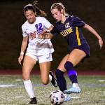Bellevue High Schools girls soccer team tied Seattle Prep, 1-1, on Sept. 16 at Bellevue. Goals were scored by Bellevue junior Saleen Koszorus and Seattle Prep senior Adri Torres. Pictured is Koszorus (right) and Seattle Prep junior Nika Dellisanti. Bellevue is 2-1-2 this season. Seattle Prep won the 3A state championship in 2024. Photo courtesy of Stephanie Ault Justus
