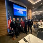 Bellevue Eastside Rotary Clubs Feb. 11 meeting featured a presentation by Mercer Island Police Department Chief Michelle Bennett and Bellevue Police Department Chief Wendell Shirley about the differences and similarities of their jobs that are often grueling and demanding. At Dave & Busters in Bellevue, the chiefs also noted that although crime is down, traffic violations, DUIs and noise complaints (mostly mufflers) are constant issues both have to deal with. Rotarians asked questions and ended the meeting with loud applause for the chiefs. From left to right: Mercer Islander and Rotary member Petra Walker, Bennett, Rotary president Aimee Hern, Shirley and Bellevue Police Department Captain Shelby Shearer. Courtesy photo