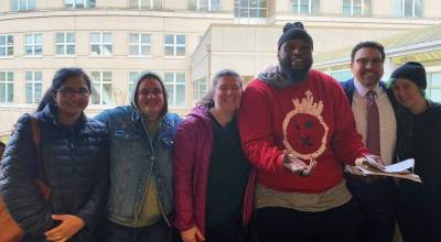The DAndre Glapsy defense team, from left to right: Attorney Anna Samuel, investigator Emily Willard, social worker Alix Willard, DAndre Glaspy, attorney Michael Schueler and investigator Molly Gilbert. COURTESY PHOTO/Michael Schueler